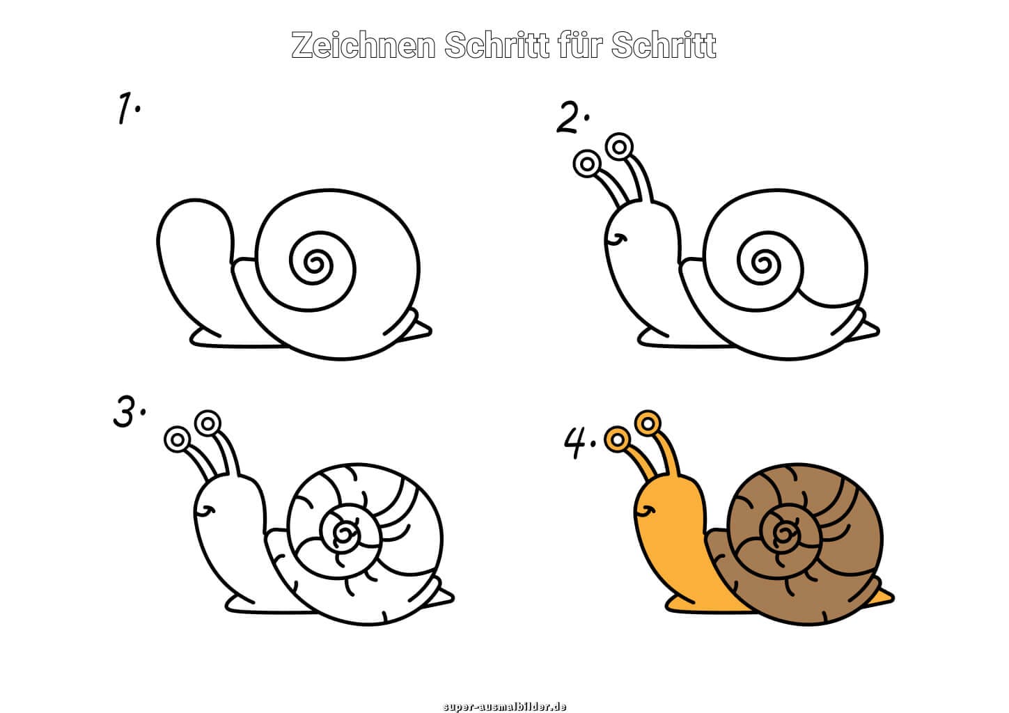 Schnecke zeichnen Schritt für Schritt – einfache Anleitung für Kinder, um eine braune Schnecke in vier Schritten zu malen