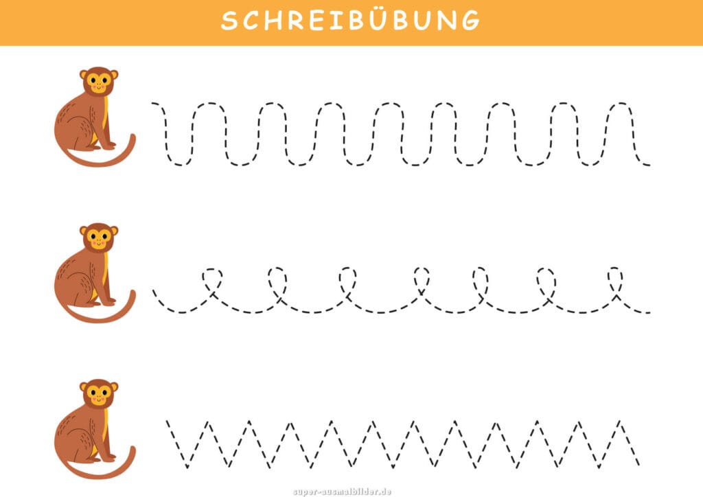 Schreibübung Affen mit Wellen und Zickzack, Koordination und Handbewegung trainieren, kostenlos