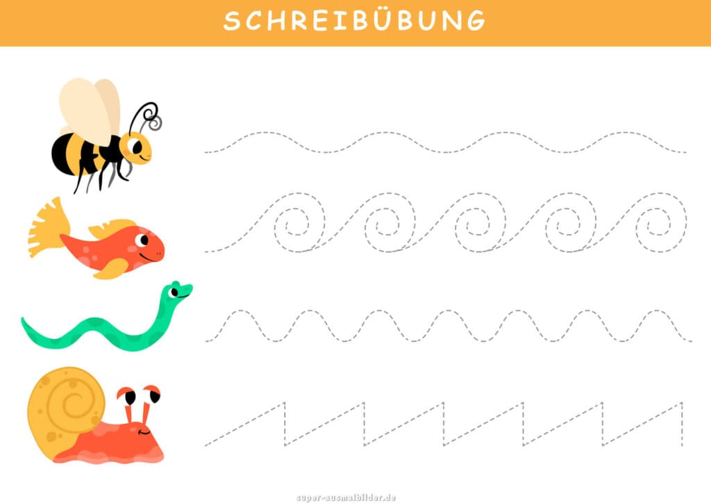 Schreibübung Biene, Fisch und Schlange, wellenförmige Linien für Kinder, gratis PDF