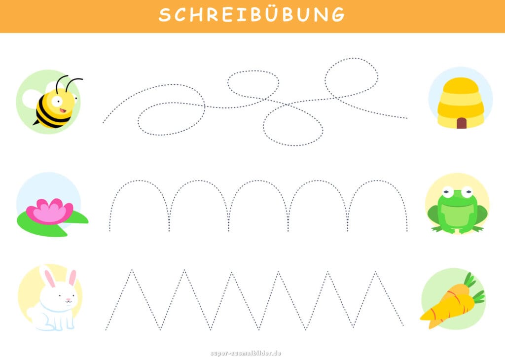 Schreibübung Biene, Frosch und Hase, gepunktete Linien nachspuren, Motorik fördern, gratis Blatt