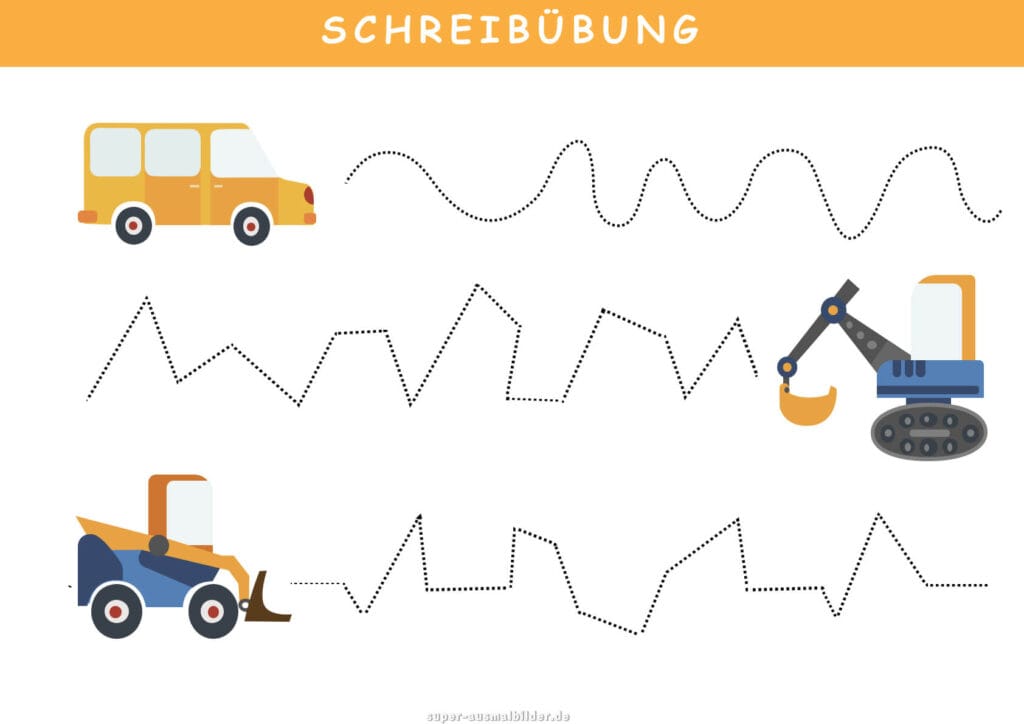 Schreibübung Fahrzeuge und Baustellenmaschinen, Linien und Wege nachzeichnen, gratis Lernblatt