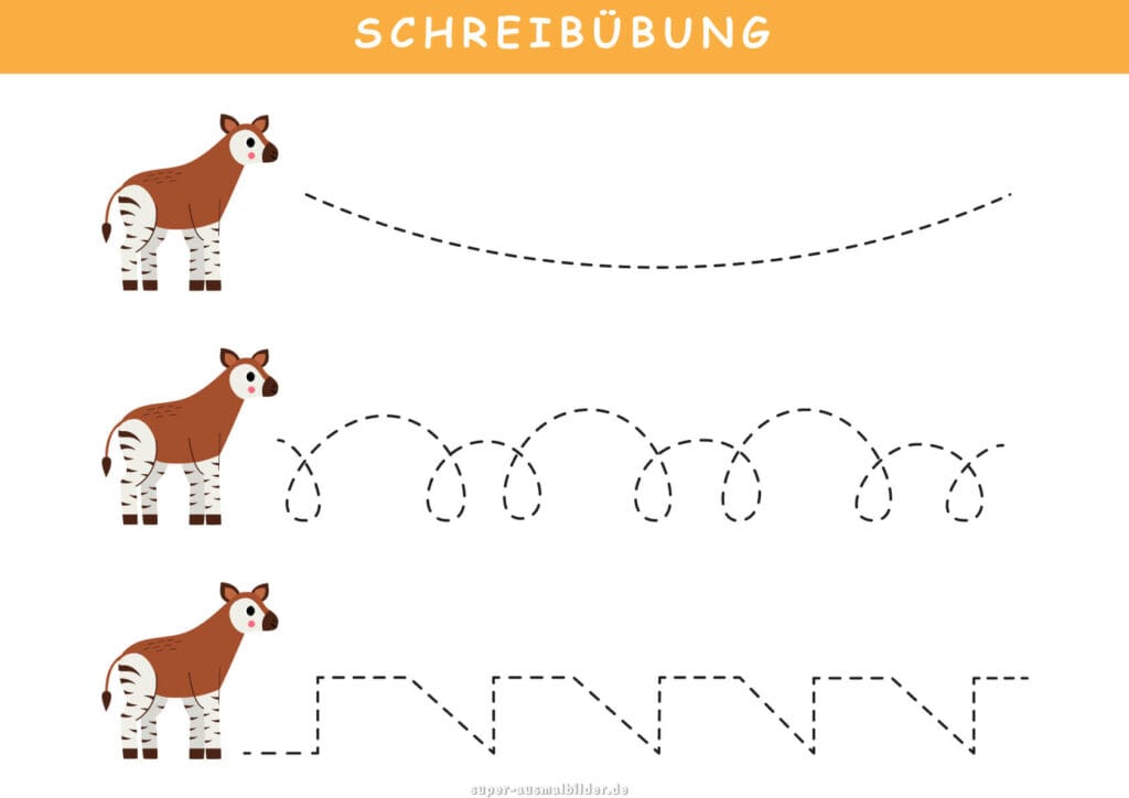 Schreibübung Okapi mit Linien und Bögen, Konzentration und Gleichmäßigkeit üben, kostenlos