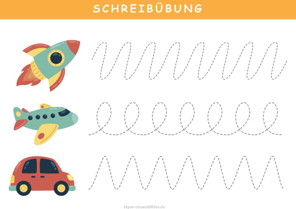 Schreibübung Rakete, Flugzeug und Auto, Linien nachspuren und Handbewegung üben, kostenlos