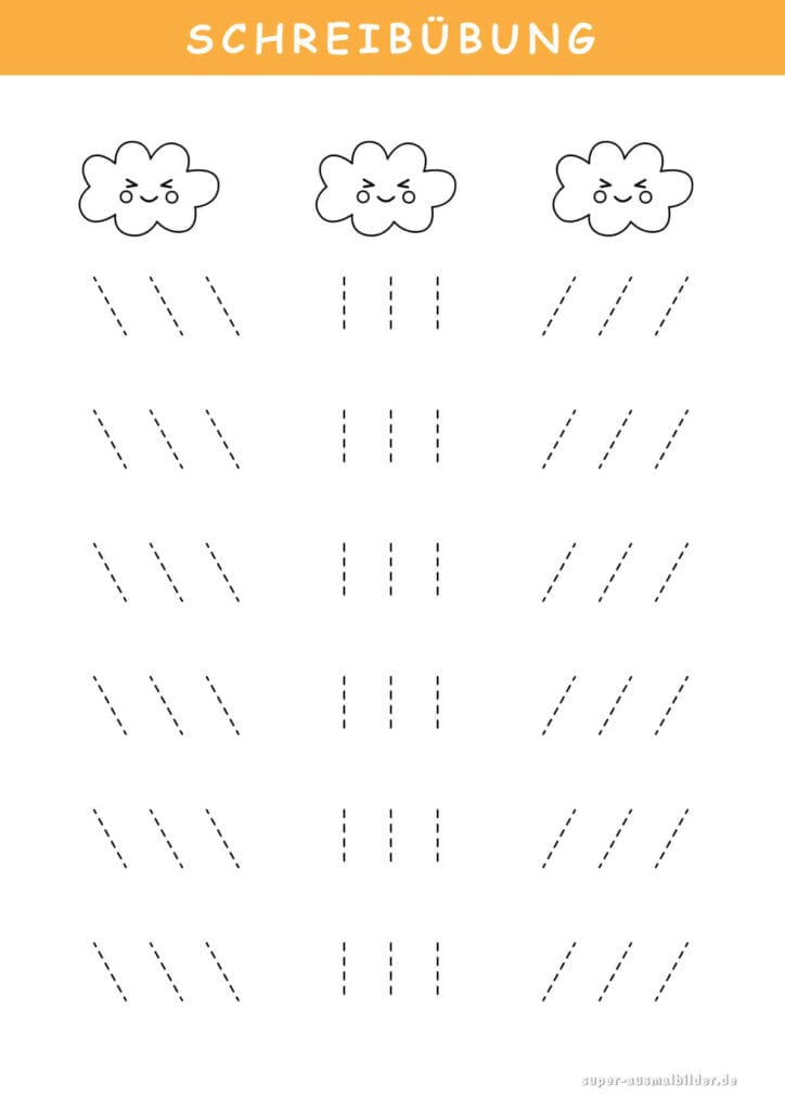 Schreibübung Regenwolken und Tropfenlinien, gerade und schräge Linien üben, kostenlos druckbar