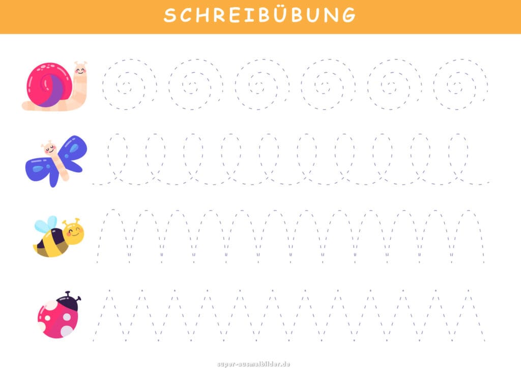 Schreibübung Schnecke, Biene und Marienkäfer, Spiralen und Linien üben, kostenlos druckbar