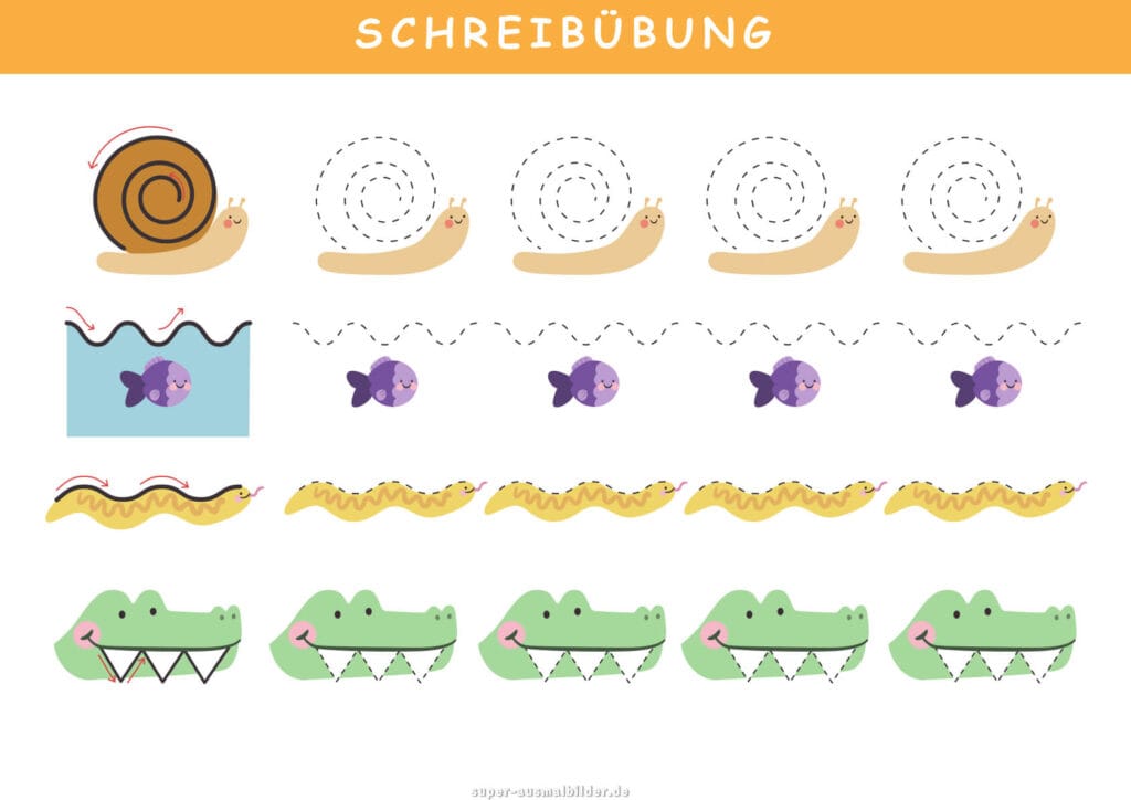 Schreibübung Schnecke, Fisch und Krokodil, Bewegungsmuster nachspuren, gratis Vorlage