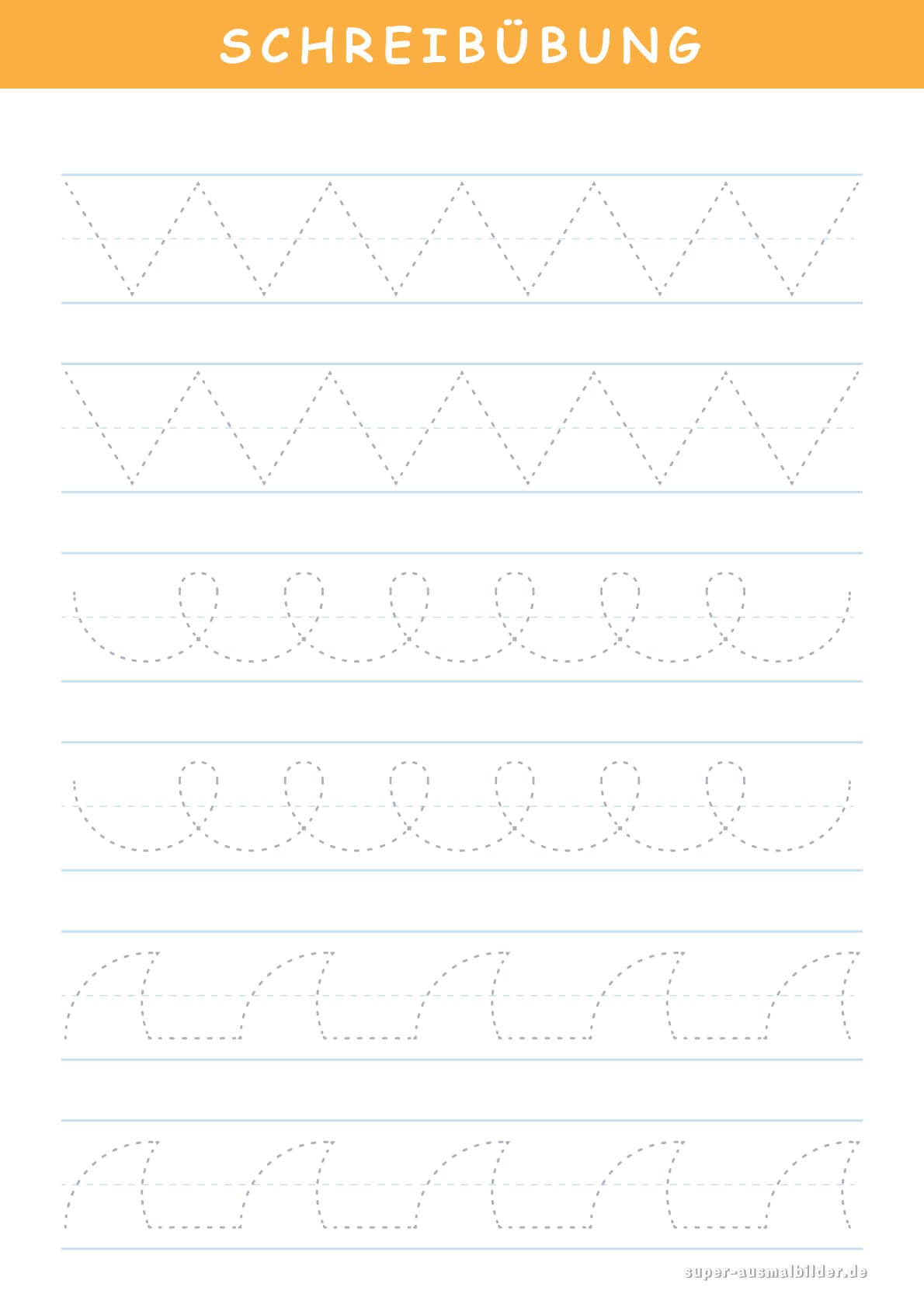 Schreibübung für Kinder Schleifen und Wellen nachspuren, Handbewegung und Stiftführung trainieren, gratis Übungsblatt