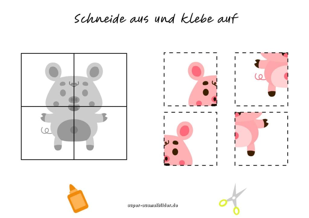 Schwein Ausschneideaufgabe Lustiges Tier basteln und aufkleben, kostenloses Arbeitsblatt für Kindergarten und Zuhause