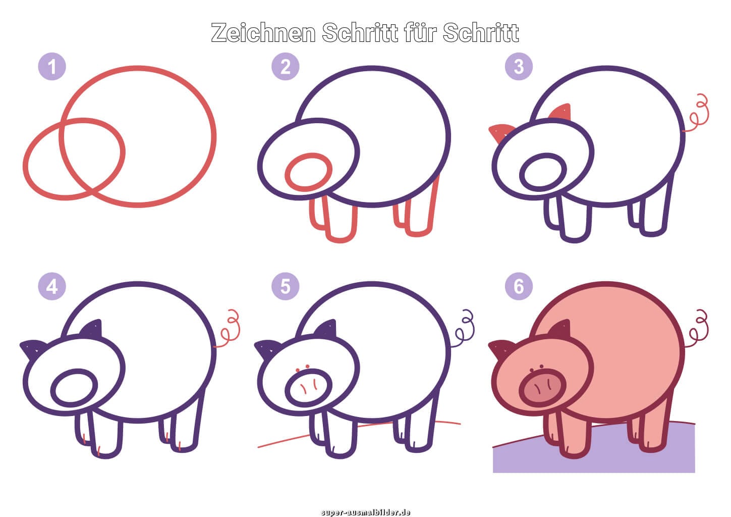 Schwein zeichnen Schritt für Schritt – einfache Anleitung für Kinder mit rosa Ferkel