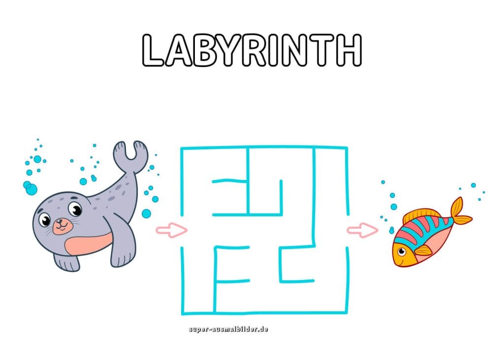 Seehund und Fisch Labyrinth einfache Meerestiere Vorlage zum Ausmalen und Drucken
