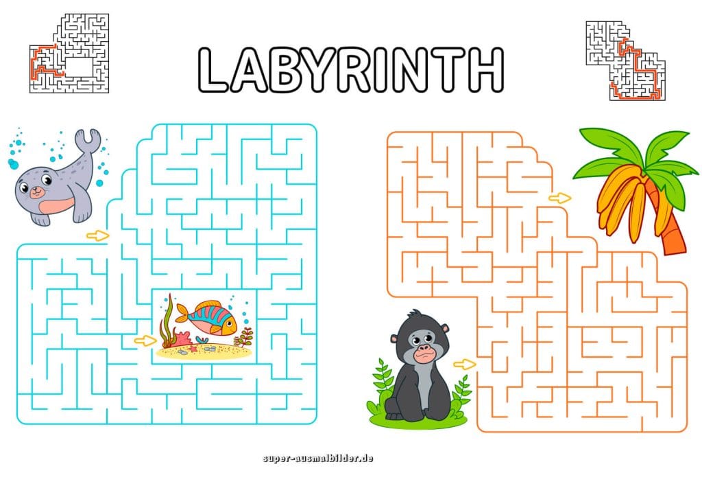 Seehund und Gorilla Labyrinth Tierlabyrinth mit Banane zum Lernen und kostenlos Drucken