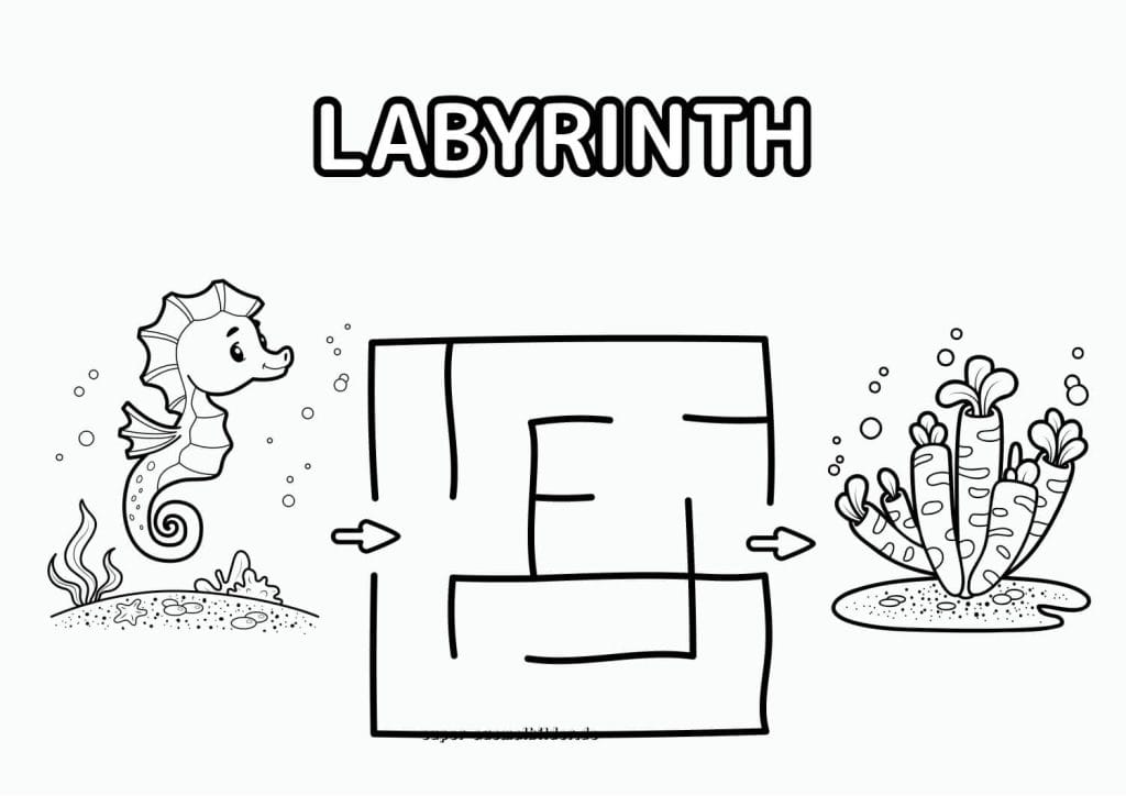 Seepferdchen Labyrinth Unterwasser Labyrinthvorlage für Kinder kostenlos drucken