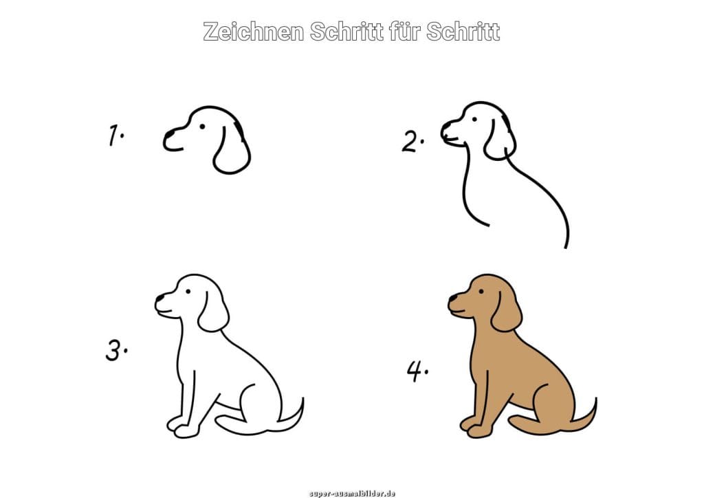 Sitzenden Hund zeichnen lernen – Schritt für Schritt Anleitung für Anfänger und Kinder, gratis Malvorlage zum Drucken