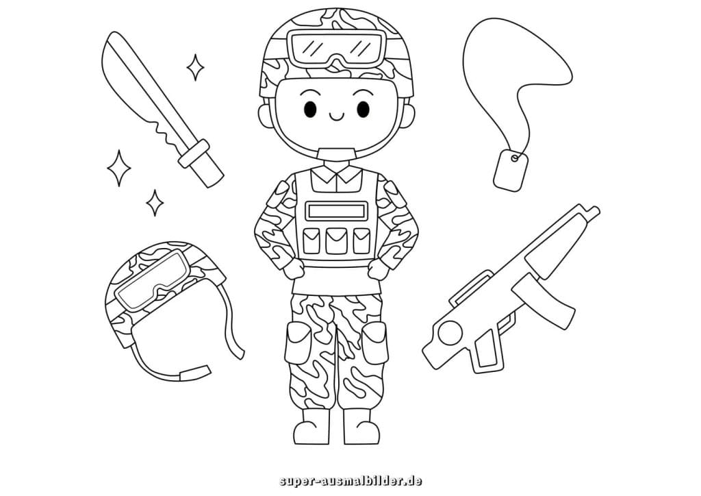 Soldat Malvorlage Soldat in Uniform mit Helm und Ausrüstung, gratis Ausmalbilder für Kinder