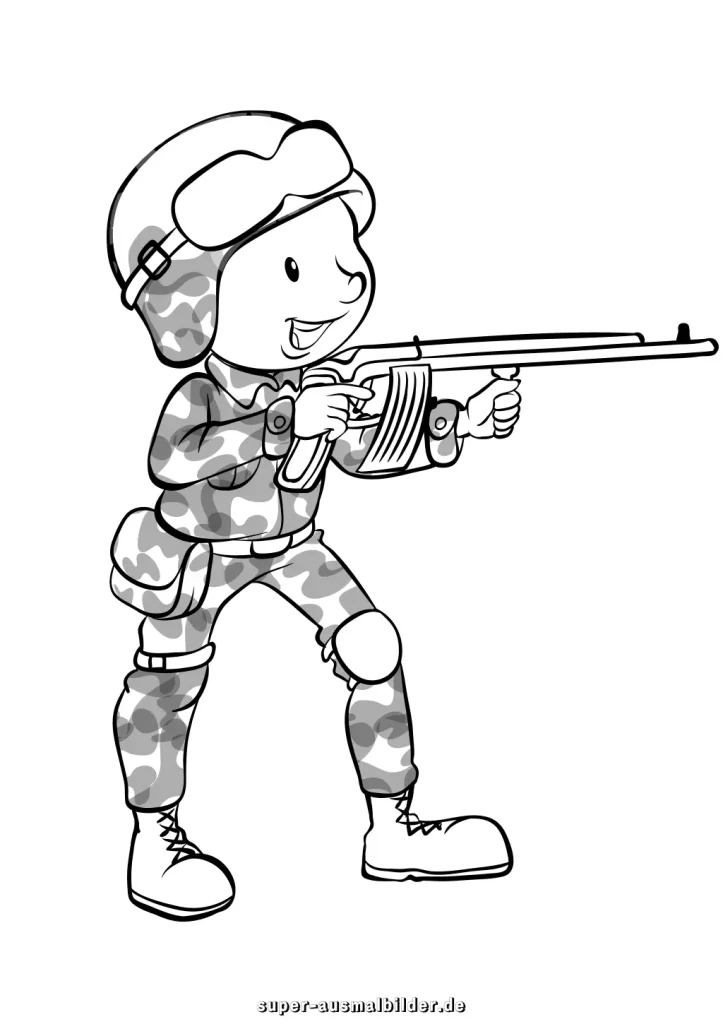 Soldat Malvorlage Soldat mit Tarnanzug und Gewehr, kostenlose Ausmalbilder für Kinder