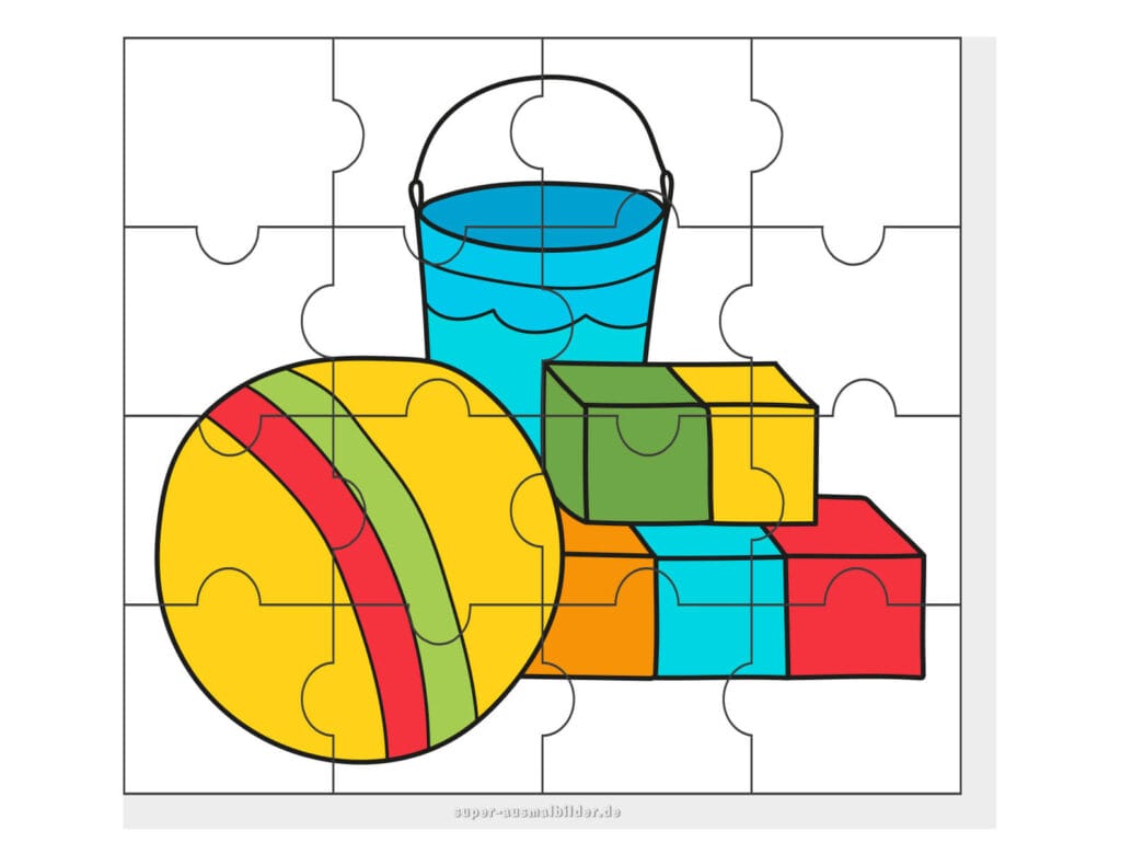 Spielzeug Puzzle Kinderpuzzle mit Eimer, Ball und Bausteinen zum kostenlosen Download