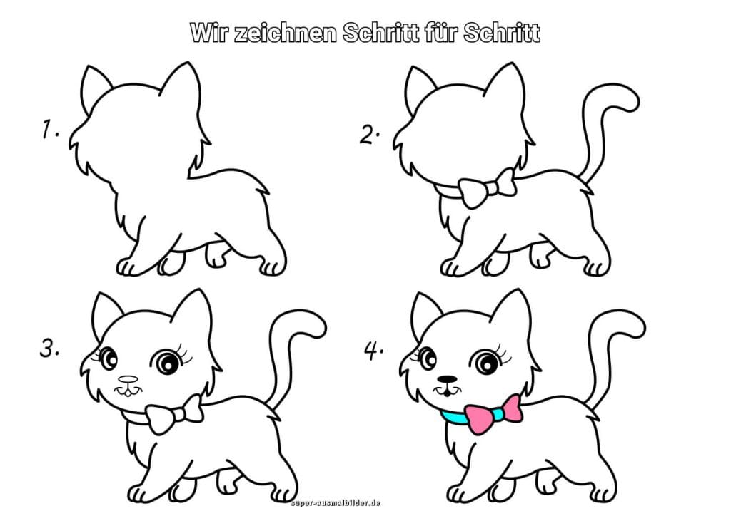 Süße Katze mit Schleife zeichnen – einfache Anleitung für Kinder, wie man eine Katze Schritt für Schritt malt