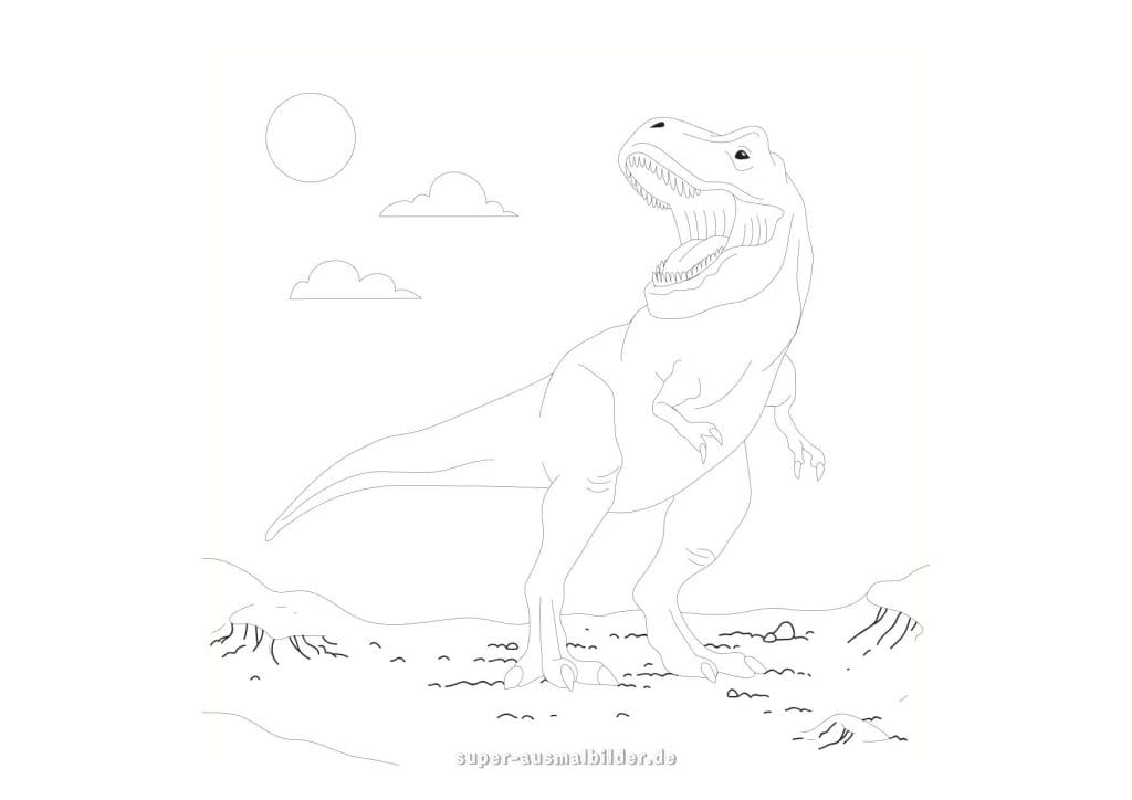 T Rex Ausmalbild – beeindruckender Tyrannosaurus Rex brüllt in der Wüste unter der Sonne, kostenlose Dinosaurier Malvorlage für Kinder und Erwachsene