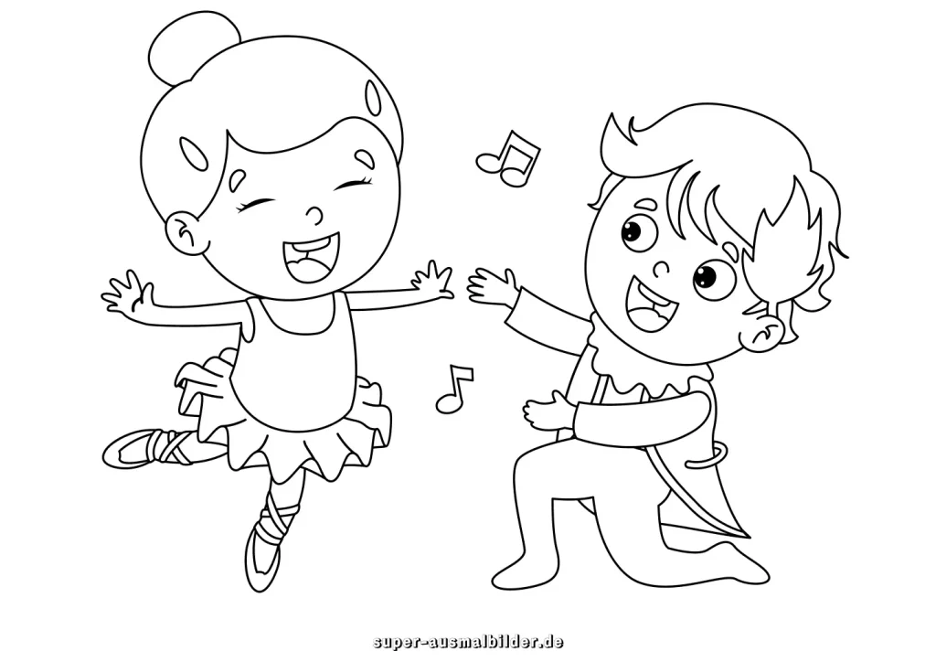 Tänzerin und Tänzer Malvorlage Kinder tanzen fröhlich zur Musik, kostenlos zum Ausdrucken