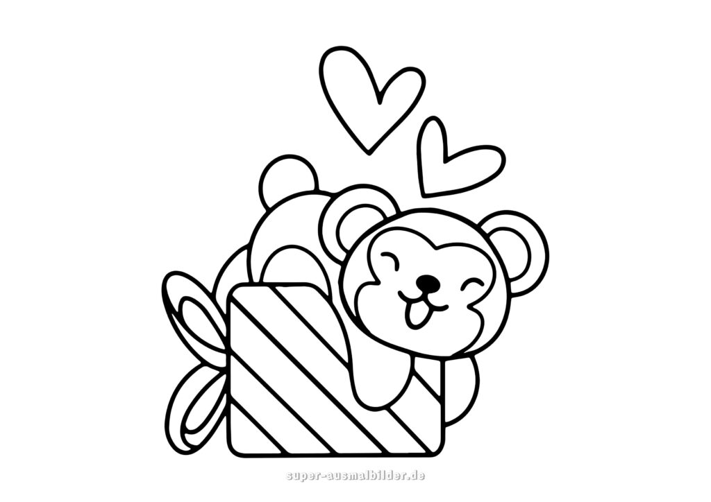 Teddybär mit Geschenk süßer Bär mit Schleife und Herzen, Valentinstag Ausmalbild zum Ausdrucken und Ausmalen für Kinder