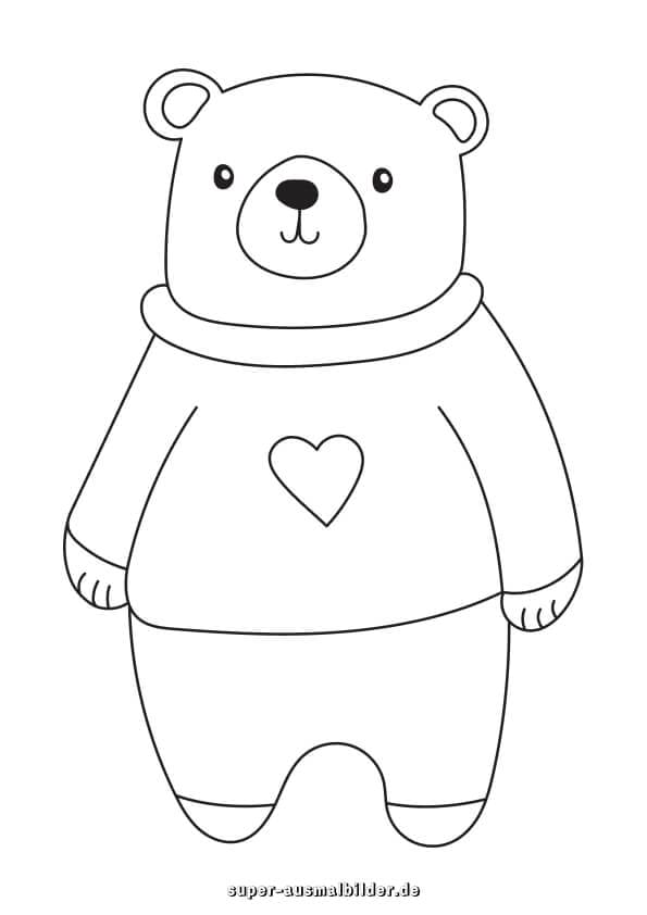 Teddybär. Süßer Bär mit Herzpullover – einfache Malvorlage zum Ausdrucken für Kinder