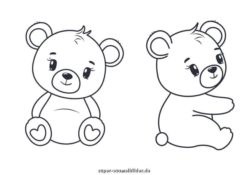 Teddybären. Niedliche sitzende und seitliche Bären gratis Ausmalbild für Vorschulkinder
