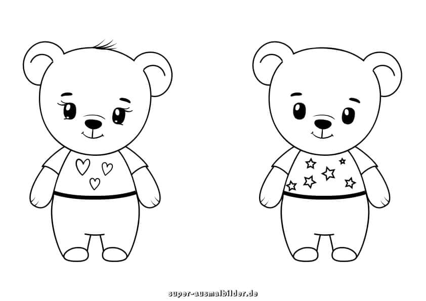 Teddybären. Zwei Bären mit Herz und Sternen Shirts Ausmalbild zum kostenlosen Drucken