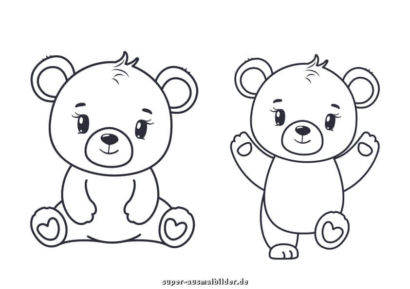 Teddybären. Zwei süße Bären mit Herzpfoten kostenlose Malvorlage zum Ausdrucken für Kinder