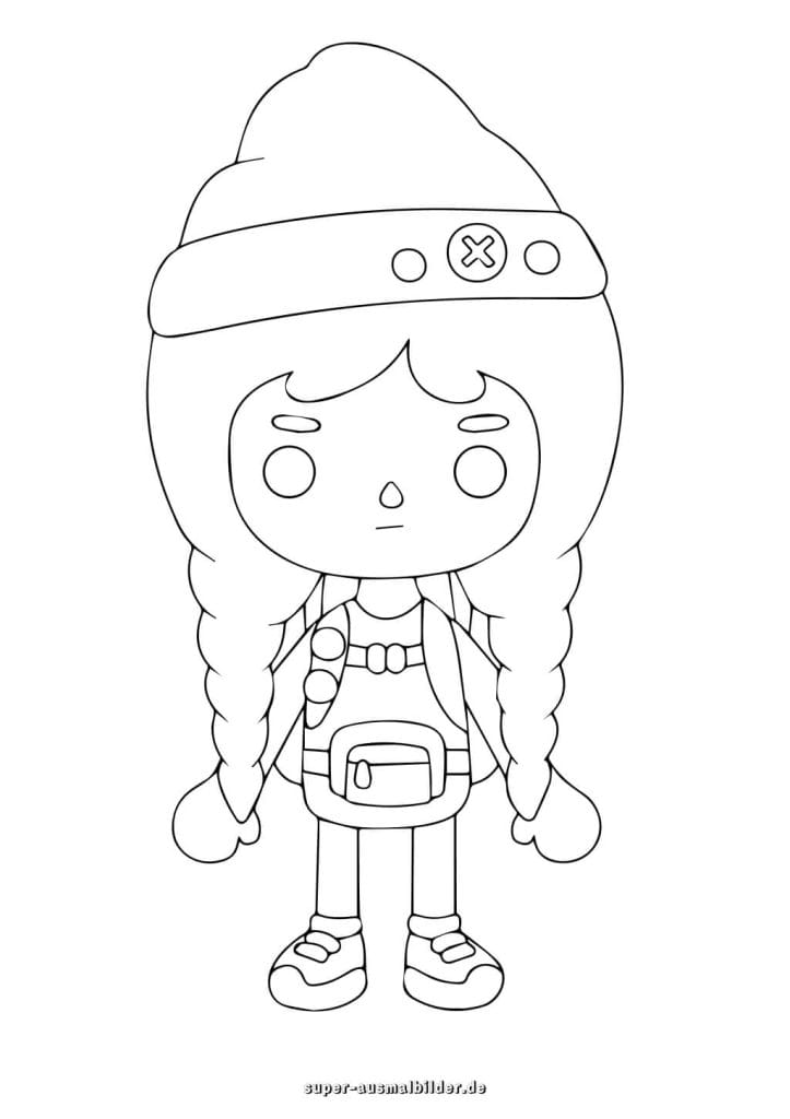 Toca Boca Abenteurerin – Mädchen mit Mütze und Rucksack, Ausmalbild für Kinder