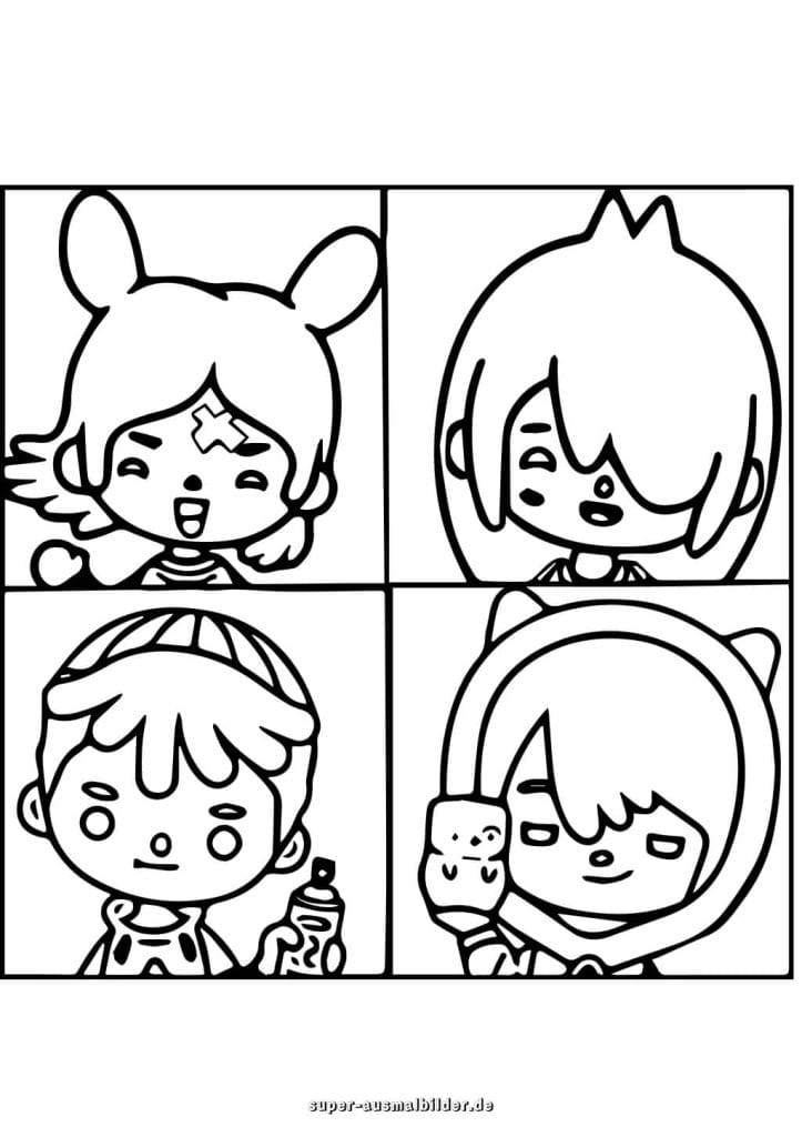 Toca Boca Charaktere – vier Figuren im Comic Stil zum Ausmalen und Drucken