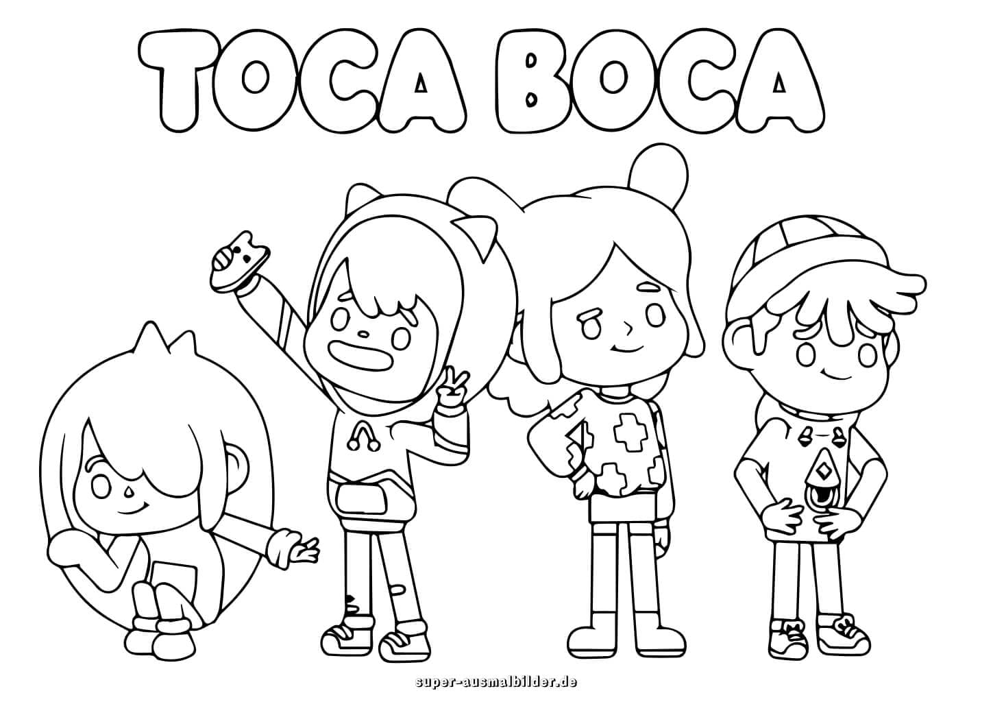 Toca Boca Charaktere – vier Kinder mit Logo und coolen Outfits zum Ausmalen