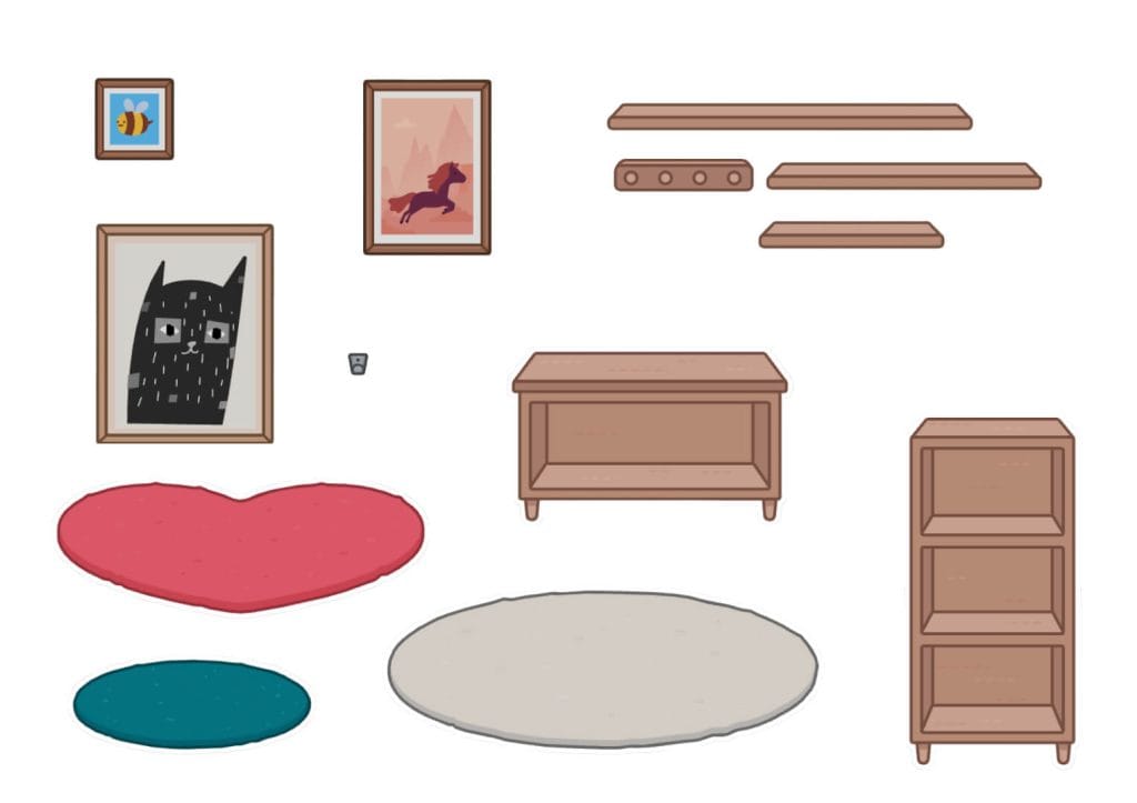Toca Boca Deko Set Teppiche, Bilder und Regale für das Wohnzimmer zum Ausmalen
