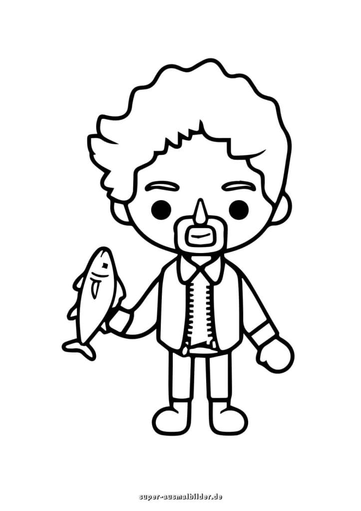 Toca Boca Fischer Ausmalbild – Mann mit Fisch, lustige Malvorlage zum Ausdrucken