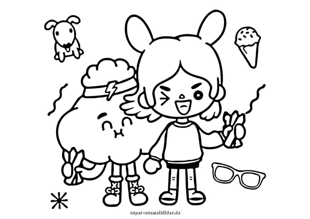 Toca Boca Freunde – Mädchen mit Wolkenfigur und Hund, kostenlose Malvorlage