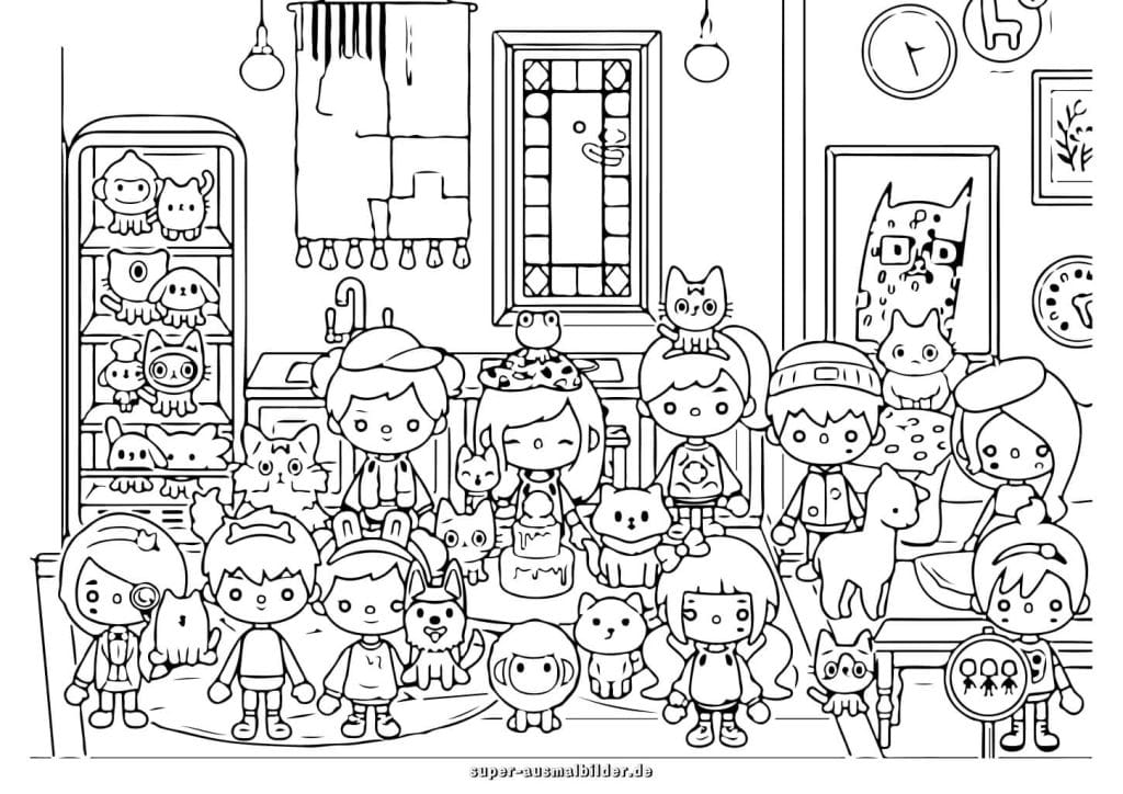 Toca Boca Haustiere Ausmalbild – viele Katzen und Figuren im Haus zum Drucken