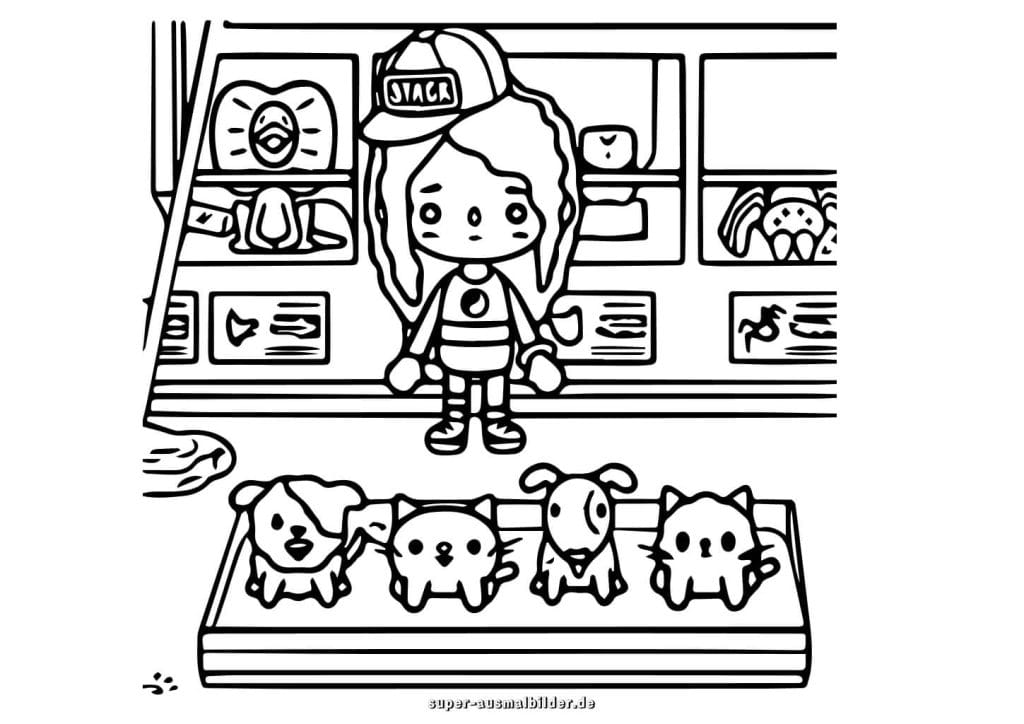 Toca Boca Haustiere – Mädchen im Laden mit Hunden und Katzen zum Ausmalen