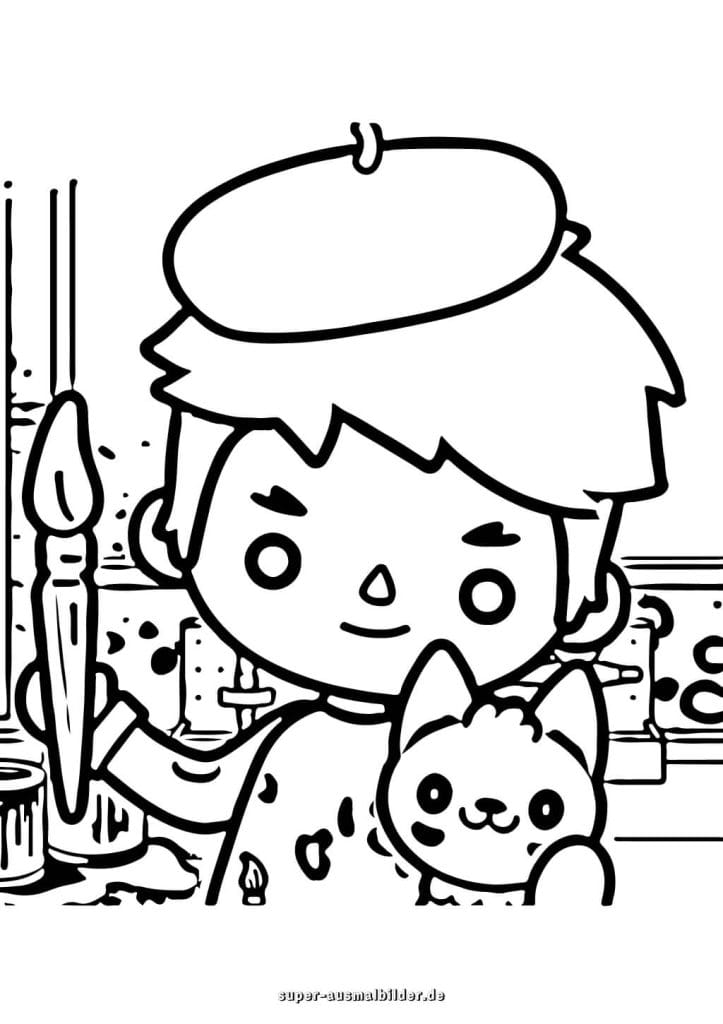 Toca Boca Künstler Ausmalbild – Junge mit Katze und Pinsel, kostenlos drucken