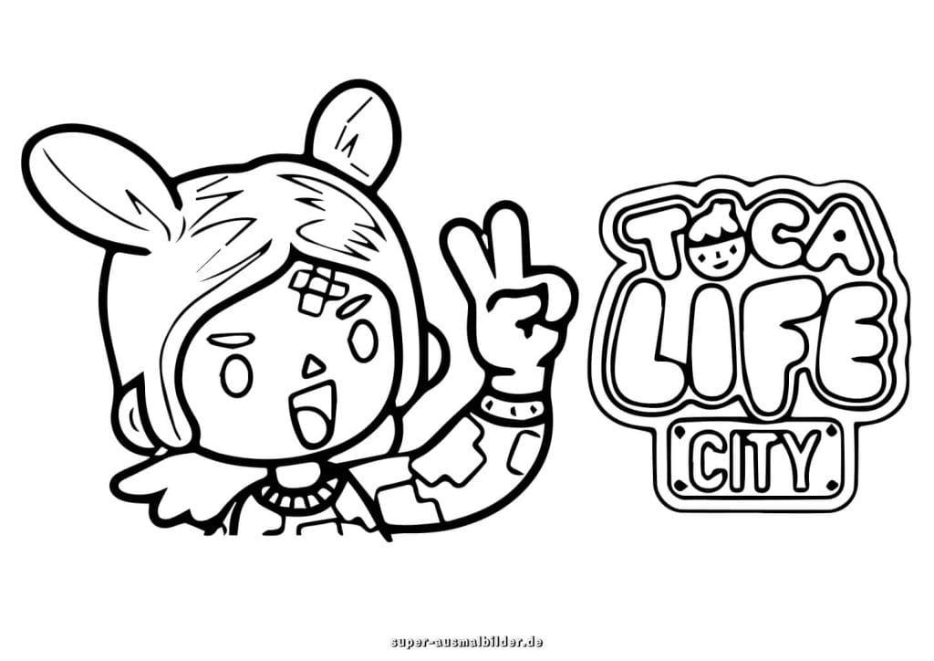 Toca Boca Life City Ausmalbild – Figur mit Peace Zeichen und Logo kostenlos drucken