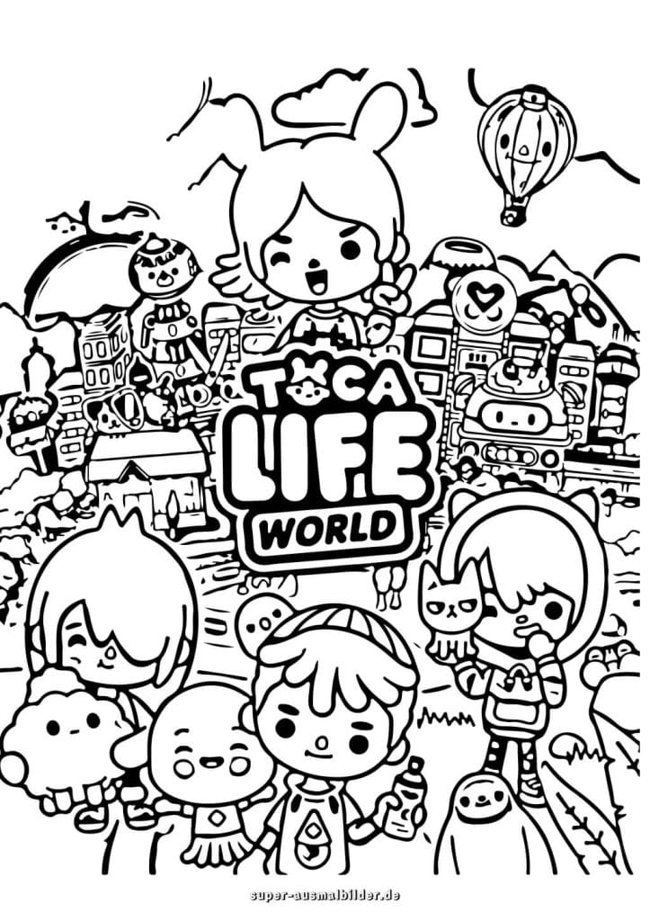 Toca Boca Life World Ausmalbild – Stadt mit Charakteren, kostenlos zum Ausdrucken