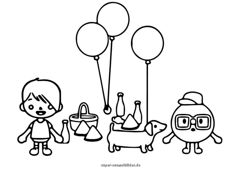 Toca Boca Picknick Ausmalbild – Junge mit Hund und Ballons, kostenlos zum Drucken
