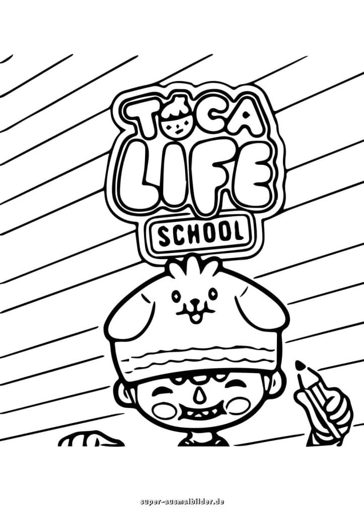 Toca Boca School Ausmalbild – Junge mit Stift und Logo, Schulmotiv zum Drucken