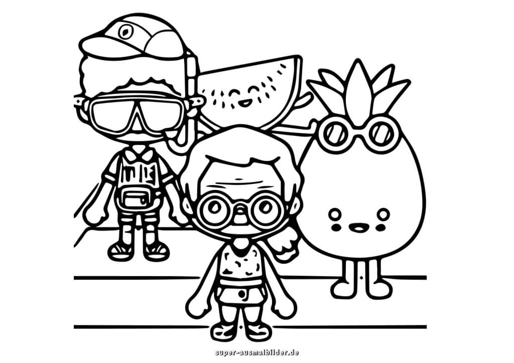 Toca Boca Sommer Ausmalbild – Junge mit Taucherbrille und Ananasfigur