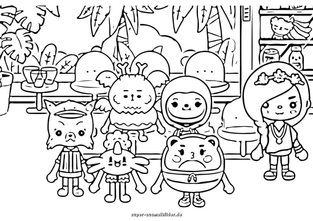 Toca Boca Tierfreunde Ausmalbild – lustige Charaktere im Café mit Pflanzen