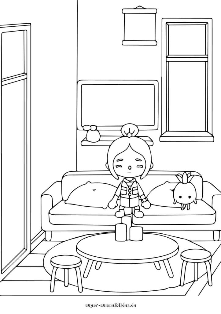 Toca Boca Wohnzimmer – Szene mit Sofa und Figur, kostenlose Malvorlage zum Drucken