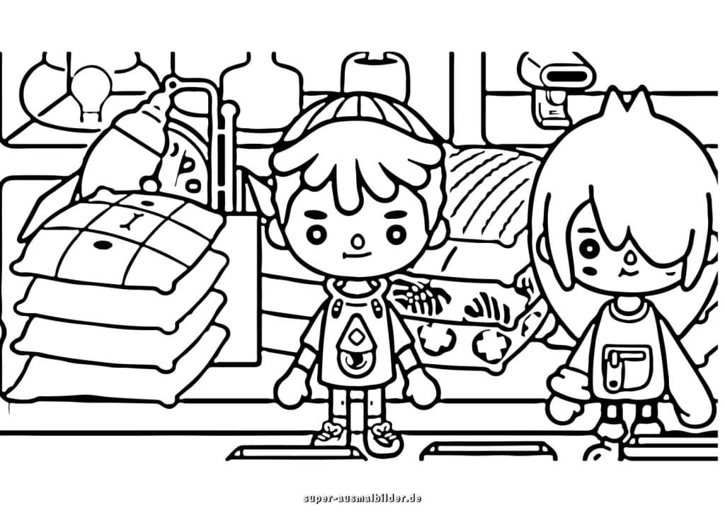 Toca Boca Zimmer Ausmalbild – zwei Freunde im Schlafzimmer mit Bett und Deko