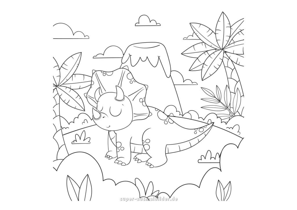 Triceratops Ausmalbild – niedlicher Dino im Dschungel vor Vulkan, kostenlose und einfache Malvorlage für Vorschulkinder