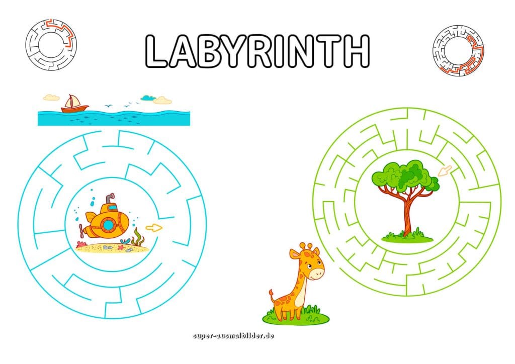 U Boot und Giraffe Labyrinth runde Labyrinthvorlagen für Kindergarten zum Ausdrucken