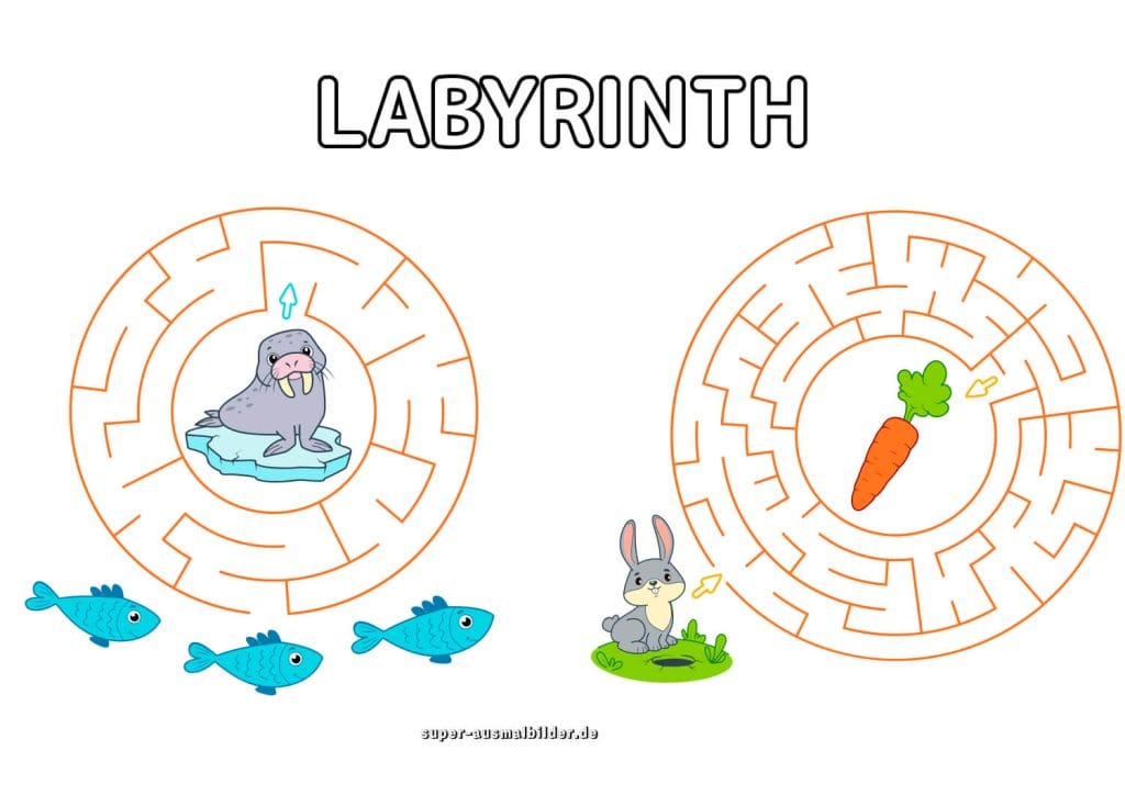 Walross und Hase Labyrinth einfache runde Labyrinthvorlagen zum Ausdrucken für Kinder