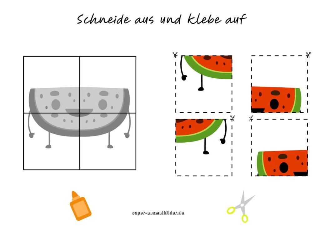 Wassermelone Ausschneideaufgabe Fruchtiges Sommermotiv ausschneiden und kleben, gratis Bastelblatt für Kinder