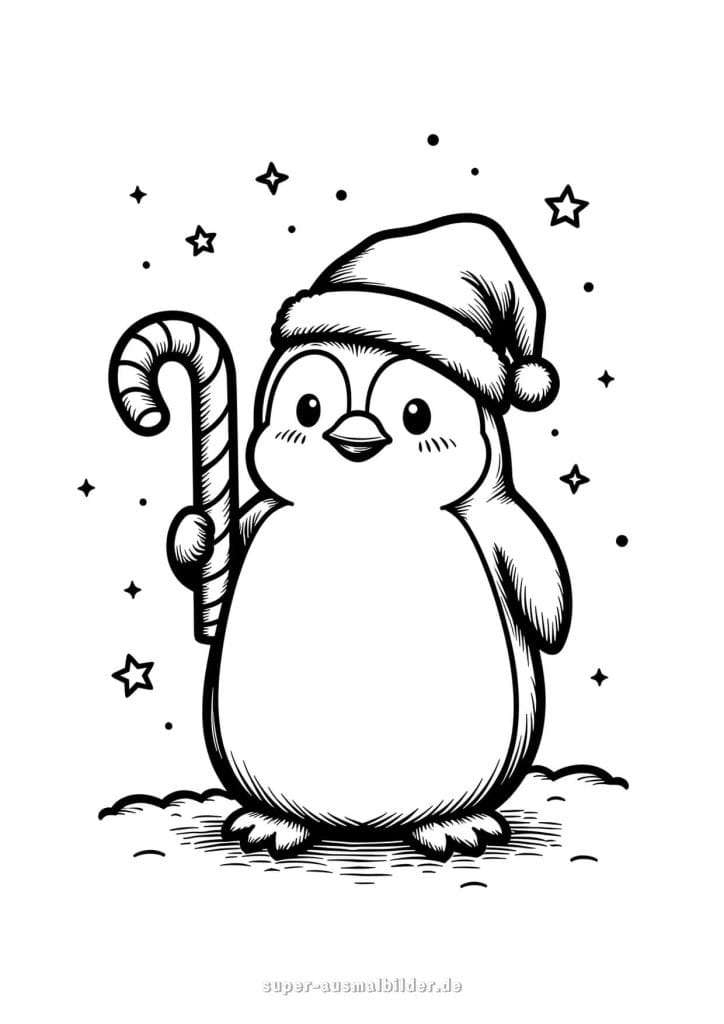 Weihnachts Pinguin mit Zuckerstange – süße Winter Ausmalvorlage mit Mütze und Sternen zum kostenlosen Download